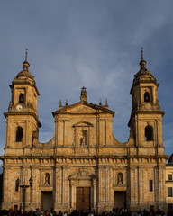 Fototapeta na wymiar Amazing sunset view of Catedral Primada de Colombia in plaza bolivar, in bogota, colombia