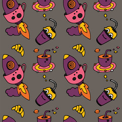 Pattern.Tea Cup and coffee Cup in space style. Cupcakes and croissants in space. Banner for cafes, restaurants, and menus. Cafe in outer space. Rocket carrier of coffee and tea. Corporate identity for