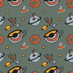 Pattern.Tea Cup and coffee Cup in space style. Cupcakes and croissants in space. Banner for cafes, restaurants, and menus. Cafe in outer space. Rocket carrier of coffee and tea. Corporate identity for