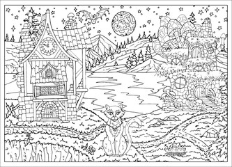 Halloween scene with witch houses and cat sitting on lake shore at night.