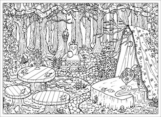 Mystic forest landscape with table, bed and throne on the glade, fantasy Halloween concept, witch place.