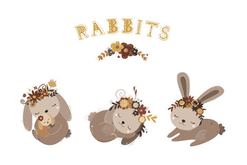 set of three cute beige rabbits with flowers on their heads. vector illustration