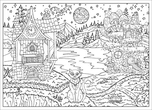 Halloween Scene With Witch Houses And Cat Sitting On Lake Shore At Night.