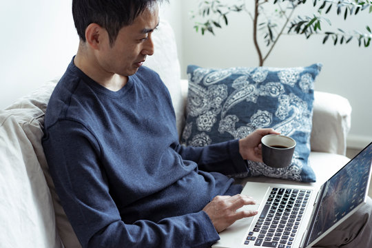 コーヒーカップを持ってノートパソコンを見る日本人男性