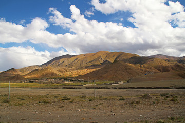View of the mountain and Tibetan village in Tibet, China 