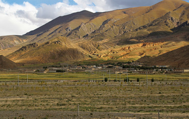 View of the mountain and Tibetan village in Tibet, China 