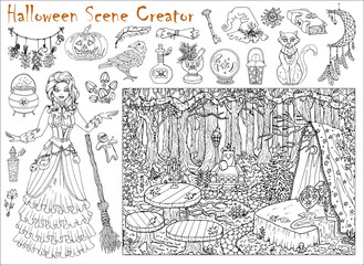 Halloween scene creator set with beautiful witch girl and place in the forest.