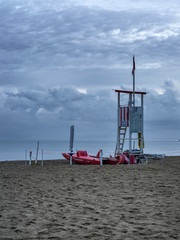 Beach landscape with tower for rescue personnel