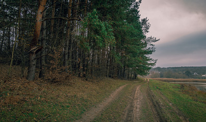 Fields, forests and roads in autumn