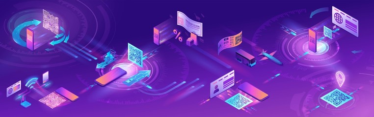 QR code scan isometric horizontal banner with phone making payment, smartphone log in to account, generates url of website, online pay concept, 3d vector illustration of mobile application - 373438557