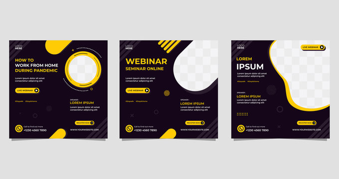 Social media post template, Working from home during pandemic. Set of webinar vector graphics, black and yellow background