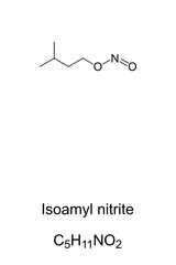 Isoamyl nitrite, amyl nitrite, known as poppers, chemical structure. As inhalant it is a recreational drug with psychoactive effects. A vasodilator, used as prescription medicine. Illustration. Vector
