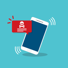 Malware notification on mobile phone. Smartphone with alert, spam data on cellphone fraud error message, scam, virus.