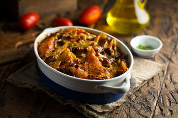 Traditional Italian lasagna or pasta casserole with meat
