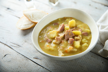 Traditional German pea soup with pork