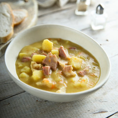 Traditional German pea soup with pork