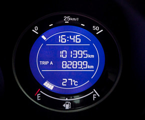 Closeup car fuel gauge dashboard panel. power oline indicator me