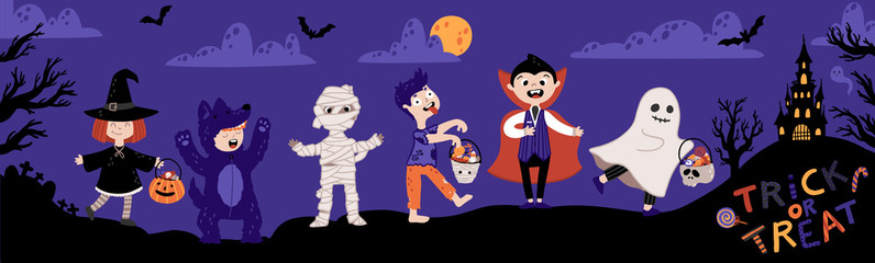 Halloween Kids Costume Party. Kids in various costumes for the holiday. Night sky background, a silhouette of a castle and cemetery. Childish illustration in cartoon hand-drawn style. Trick or Treat