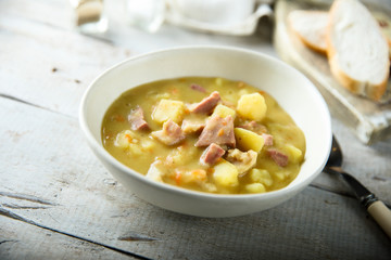 Traditional German pea soup with pork