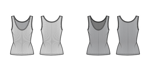 Ribbed open-knit tank technical fashion illustration with fitted body, deep scoop neck, elongated hem. Flat outwear top apparel template front, back white grey color. Women men unisex shirt CAD mockup