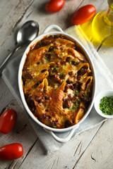 Traditional Italian lasagna or pasta casserole with meat