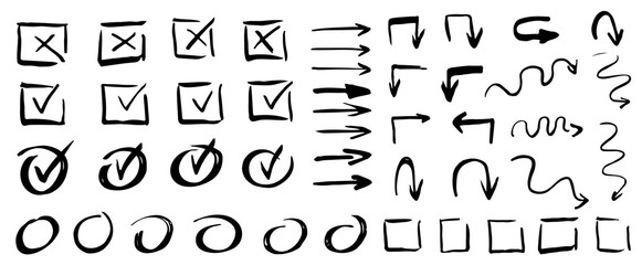 Vector checklist marks icon set. Hand drawn strokes and pen markings V marks for list items. Hand drawn check signs.