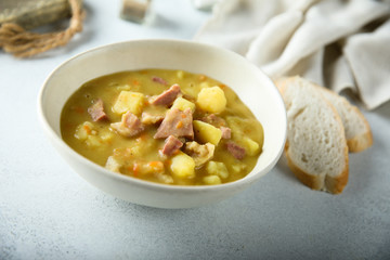 Traditional German pea soup with pork