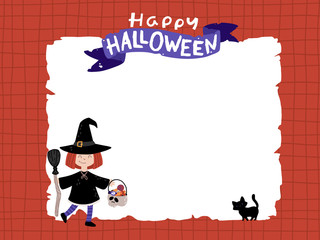 Halloween witch with a black cat on template background. Kids costume party. Vector childish illustration of magic character with elements in simple cartoon hand-drawn style. Lettering