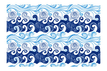 Seamless pattern with blue twisted lines waves. Design for backdrops with sea, rivers or water texture. Repeating texture. Figure for textiles. Print for the cover of the book, postcards, t-shirts.
