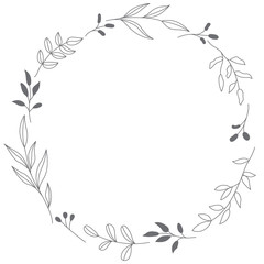 Floral Wreath branch in hand drawn style. Floral round black and white frame of twigs, leaves and flowers. Frames for the Valentine's day, wedding decor, logo and identity template.