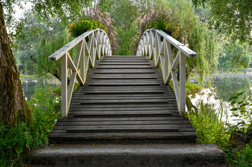 Fototapeta na wymiar wooden bridge over water in beautiful park