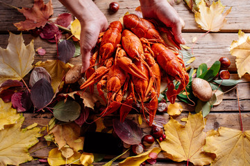 Crayfish on wooden table for Oktoberfest