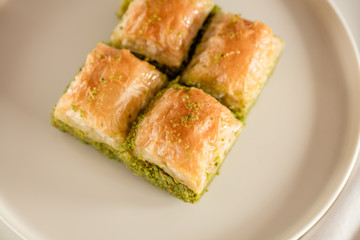 walnut, pistachio turkish style antep baklava presentation and service