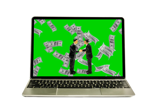 Miniature Business Partner Stand Among Falling Money Do Hand Check Project Successful Online Business, Modern Laptop With Mock Up Green Screen.