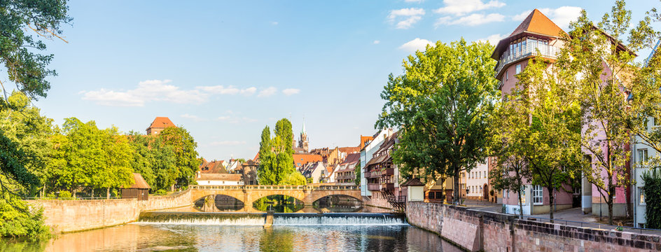 Panoramic view at the Max Bridge over Pegnitz river in Nuremberg, Germany