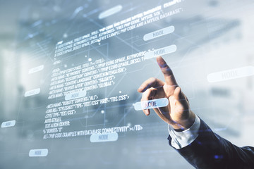 Multi exposure of developer's hand working with abstract creative coding sketch on blurred office background, artificial intelligence and neural networks concept