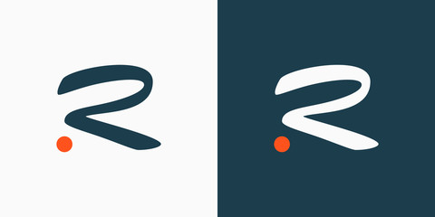 Initial Letter R Logo. Blue and White Hand Drawn Letter with Orange Dot isolated on Double Background. Usable for Branding Logos. Flat Vector Logo Design Template Element