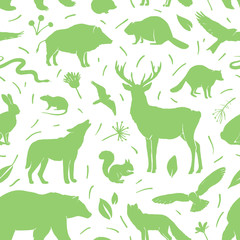 Vector forest animals collection in circle frame. Flat animals silhouettes in green colors. Design for t-shirt print, cover, poster, banner, card