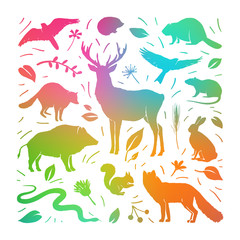 Vector forest animals collection in square frame. Colorful flat animals silhouettes with herbs. Print for t-shirt or bag