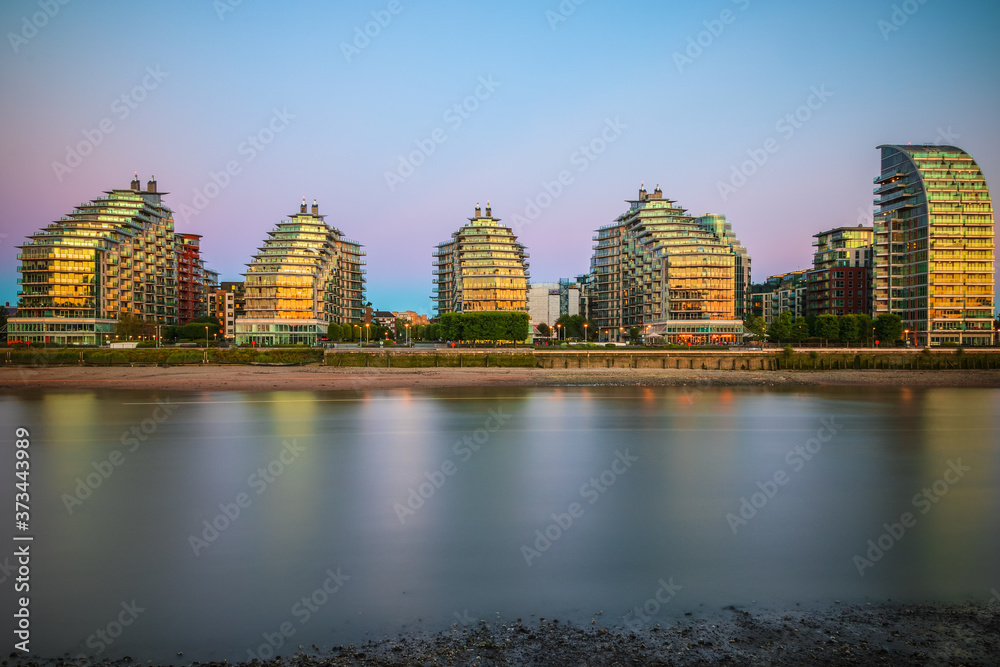 Wall mural long exposure, riverside new development apartments at battersea reach in london