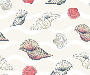 Seamless pattern with varied seashells