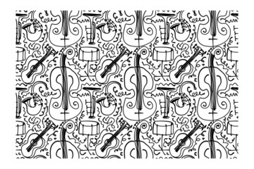 Horizontal seamless pattern of musical instruments, double bass, trumpet, guitar, drums and saxophone. Background for poster or cover.