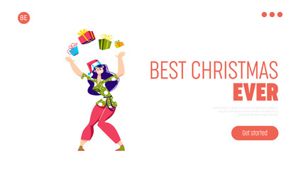 Cozy christmas celebration landing page with girl hold stack of gift boxes over template background