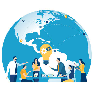 Global Trade. Business Vector Illustration. The Team Works In Front Of Globe..