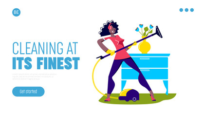 Enjoy cleaning with dance landing page template with cartoon woman dancing while vacuum cleaning