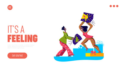 Friends sleepover and pajama party landing page with cartoon fighting with pillows
