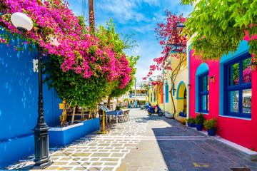 Beautiful street view in Kos Island. Kos Island is populer tourist destination in Greece. - obrazy, fototapety, plakaty