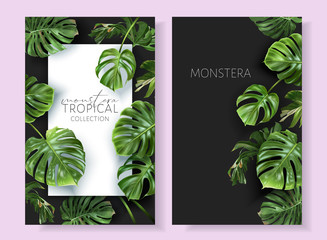 Vector tropical frames with green monstera leaves on black background. Luxury exotic botanical design for cosmetics, wedding invitation, summer banner, spa, perfume, beauty, travel, packaging design - obrazy, fototapety, plakaty