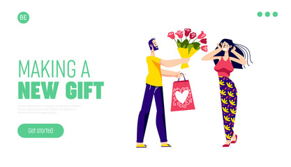 Fototapeta na wymiar Man presenting woman gift and flowers for valentine day. Template landing page design