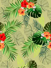  Tropical leaves  and flowes vector pattern. summer botanical illustration for clothes, cover, print, illustration design.  © Logunova  Elena